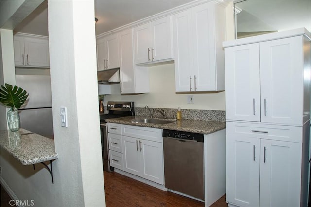 2852 Sawtelle Blvd Unit 41, Los Angeles, CA 90064 - kitchen with appliances with stainless steel finishes, a sink, dark wood finished floors, and stone countertops
