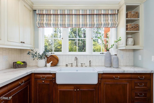 741 Burleigh Dr, Pasadena, CA 91105 - kitchen with a sink, decorative backsplash, open shelves, and plenty of natural light