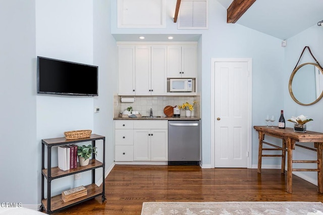741 Burleigh Dr, Pasadena, CA 91105 - indoor wet bar featuring dishwasher, dark wood-type flooring, white microwave, tasteful backsplash, and baseboards