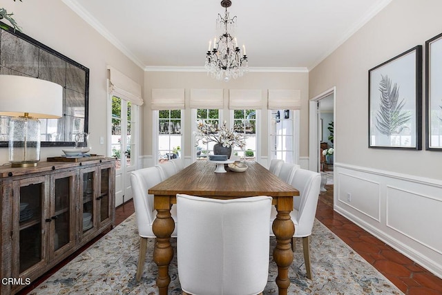 741 Burleigh Dr, Pasadena, CA 91105 - dining room with a chandelier, ornamental molding, a decorative wall, and a wainscoted wall