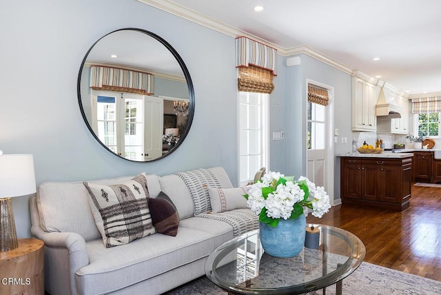 741 Burleigh Dr, Pasadena, CA 91105 - living room featuring dark wood-style flooring, crown molding, and recessed lighting