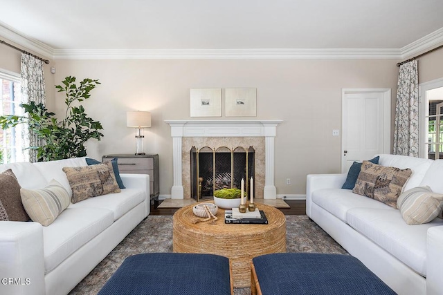 741 Burleigh Dr, Pasadena, CA 91105 - living room featuring ornamental molding, a fireplace, baseboards, and wood finished floors