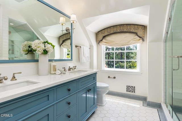 741 Burleigh Dr, Pasadena, CA 91105 - bathroom with a shower stall, toilet, tile patterned floors, double vanity, and baseboards
