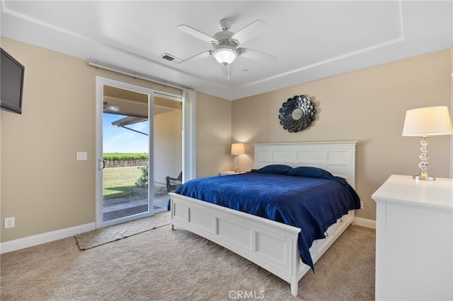 38792 Comanche Point Rd, Arvin, CA 93203 - bedroom with access to outside, light colored carpet, baseboards, and ceiling fan