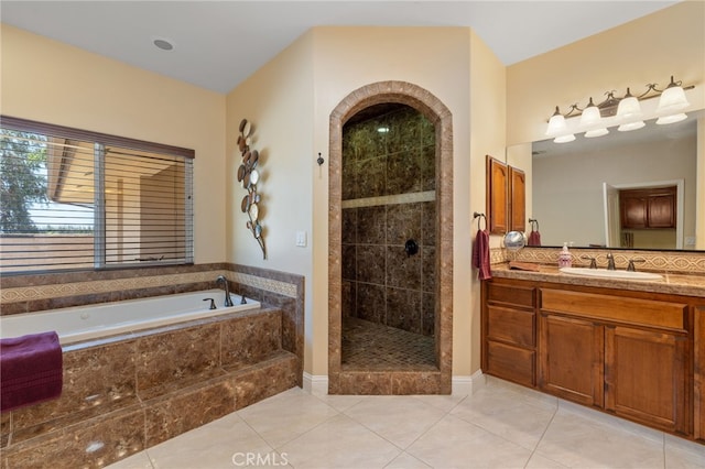 38792 Comanche Point Rd, Arvin, CA 93203 - bathroom with a garden tub, tile patterned floors, a tile shower, and vanity