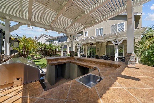 28456 Calex Dr, Valencia, CA 91354 - view of patio / terrace featuring a pergola, an outdoor kitchen, and an outdoor bar