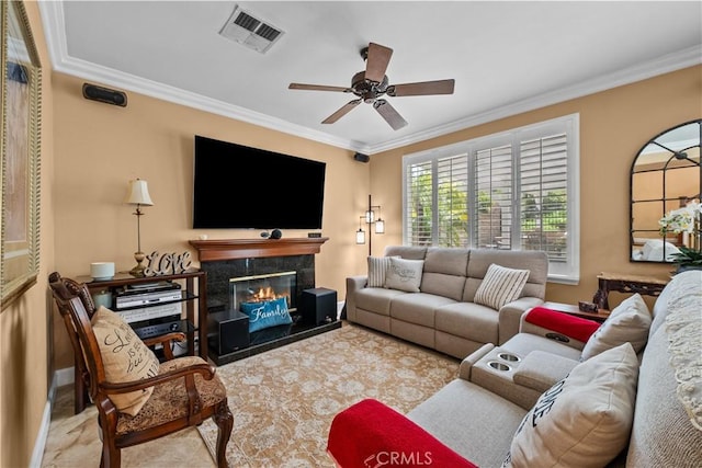 28456 Calex Dr, Valencia, CA 91354 - living area with ornamental molding, a ceiling fan, and a premium fireplace