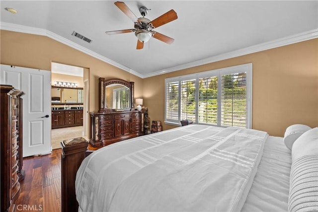 28456 Calex Dr, Valencia, CA 91354 - bedroom featuring vaulted ceiling, dark wood-style flooring, ornamental molding, connected bathroom, and ceiling fan