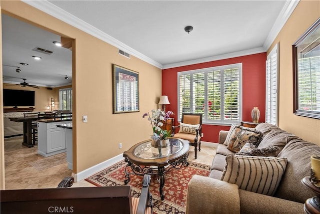 28456 Calex Dr, Valencia, CA 91354 - living area with crown molding, baseboards, and a ceiling fan
