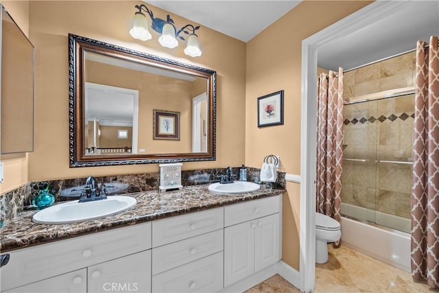 28456 Calex Dr, Valencia, CA 91354 - bathroom featuring shower / bath combo, double vanity, and toilet