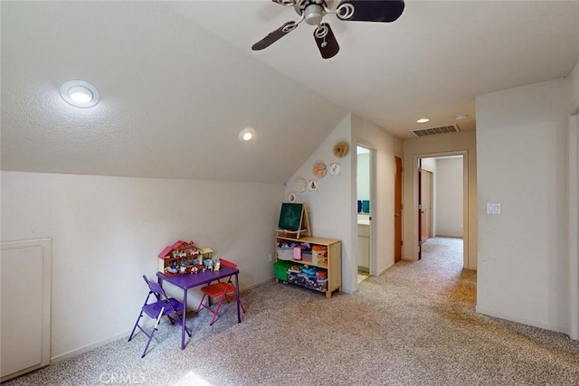10647 Forbestown Rd, Challenge, CA 95925 - rec room featuring light carpet, a ceiling fan, vaulted ceiling, and recessed lighting