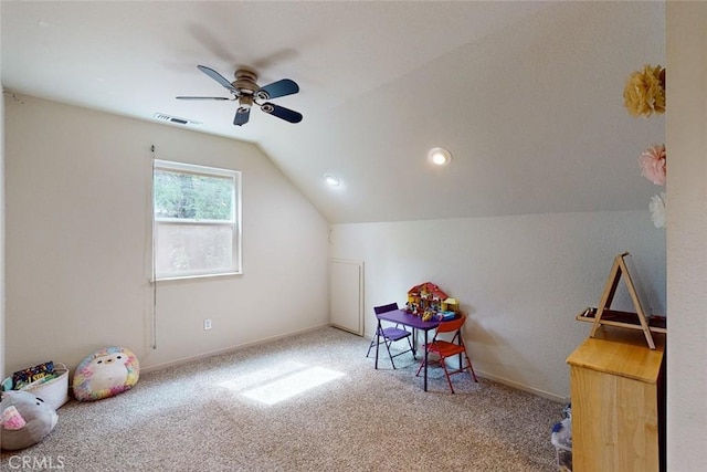 10647 Forbestown Rd, Challenge, CA 95925 - rec room with ceiling fan, lofted ceiling, carpet, recessed lighting, and baseboards