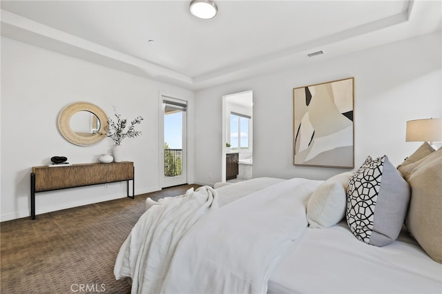 28 Dogwood, Lake Forest, CA 92630 - bedroom with a tray ceiling, baseboards, access to outside, carpet, and ensuite bathroom