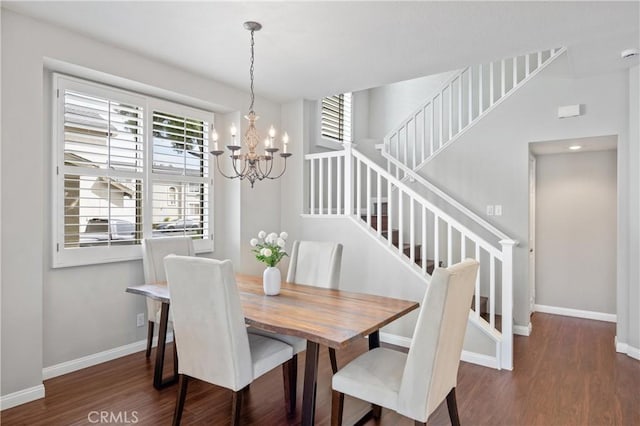 823 N Kintyre Dr, Orange, CA 92869 - dining area with stairs, a chandelier, baseboards, and wood finished floors