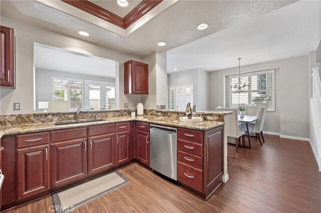823 N Kintyre Dr, Orange, CA 92869 - kitchen with dishwasher, a sink, wood finished floors, dark brown cabinets, and healthy amount of natural light