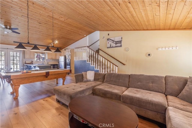863 Ford Ln, Big Bear Lake, CA 92315 - living room featuring wooden ceiling, light wood-style floors, stairs, billiards, and vaulted ceiling