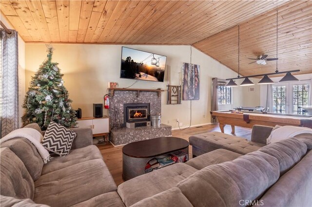 863 Ford Ln, Big Bear Lake, CA 92315 - living room with wood ceiling, lofted ceiling, wood finished floors, ceiling fan, and billiards