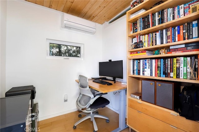 3231 Marber Ave, Long Beach, CA 90808 - office area featuring an AC wall unit, wood ceiling, wood finished floors, and baseboards