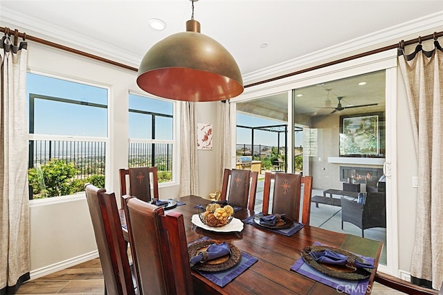 2521 Chad Zeller, Corona, CA 92882 - dining room with healthy amount of natural light, baseboards, a ceiling fan, wood finished floors, and ornamental molding