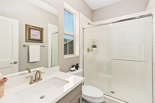 2521 Chad Zeller, Corona, CA 92882 - bathroom with toilet, a shower stall, vanity, and tile walls
