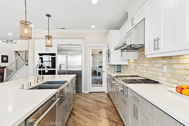 2521 Chad Zeller, Corona, CA 92882 - kitchen with a sink, stainless steel appliances, under cabinet range hood, crown molding, and pendant lighting