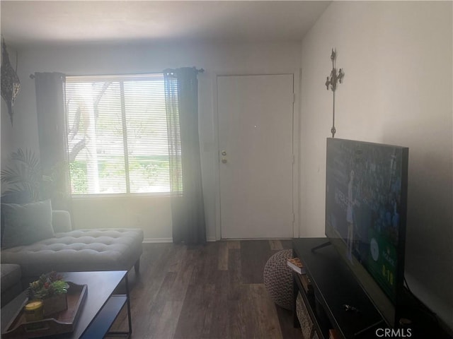 living area featuring wood finished floors, healthy amount of natural light, and baseboards