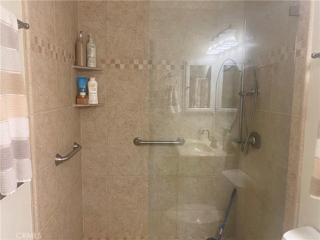bathroom with a stall shower and toilet