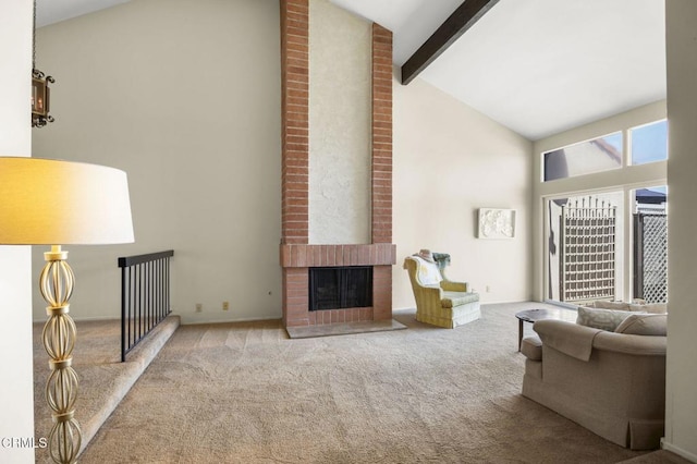 2120 Jamestown Way, Oxnard, CA 93035 - living room with high vaulted ceiling, carpet floors, beam ceiling, and a fireplace