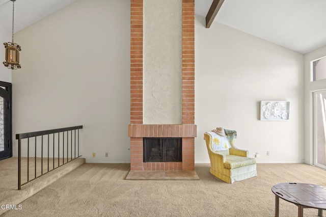 2120 Jamestown Way, Oxnard, CA 93035 - living room with carpet flooring, high vaulted ceiling, a brick fireplace, and beamed ceiling