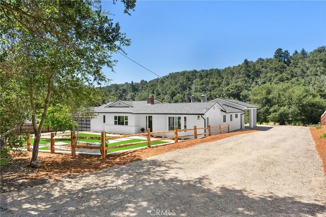 1804 Deer Canyon Rd, Arroyo Grande, CA 93420 - ranch-style house featuring a view of trees, fence, a chimney, and a shingled roof