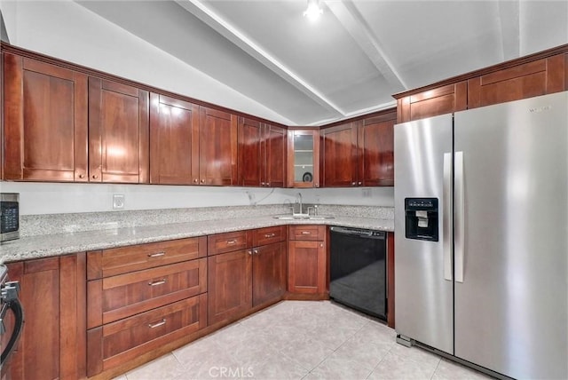 6109 N Traymore Ave, Azusa, CA 91702 - kitchen featuring stainless steel appliances, vaulted ceiling, a sink, light stone countertops, and glass insert cabinets