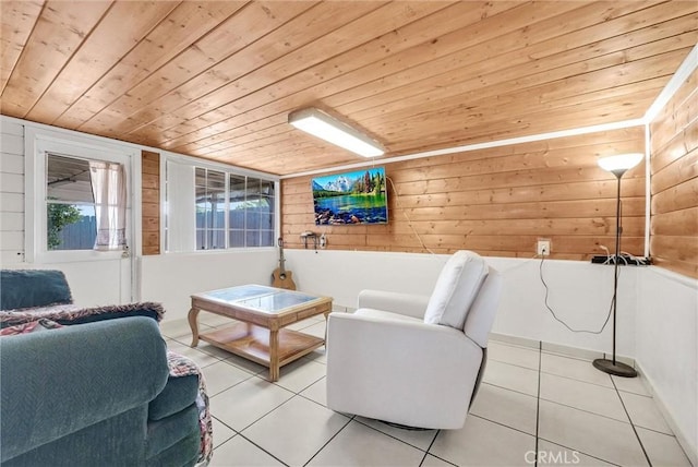 6109 N Traymore Ave, Azusa, CA 91702 - living room featuring wooden ceiling, tile patterned flooring, and wooden walls