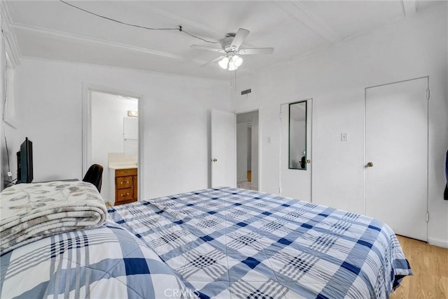 6109 N Traymore Ave, Azusa, CA 91702 - bedroom featuring light wood-style flooring, ceiling fan, and ensuite bathroom