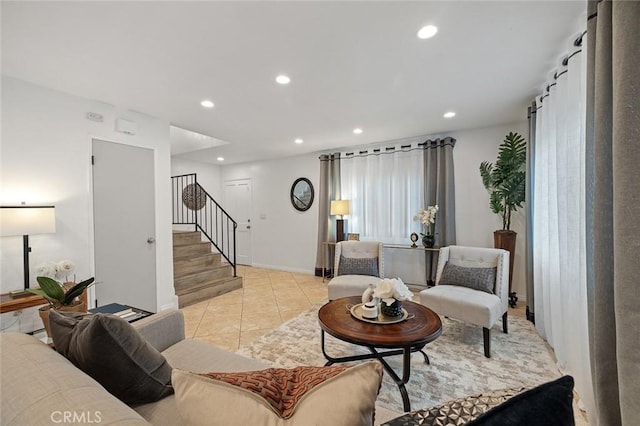 128 Fairview St Unit 1, Santa Ana, CA 92704 - living area with stairs, recessed lighting, light tile patterned floors, and baseboards