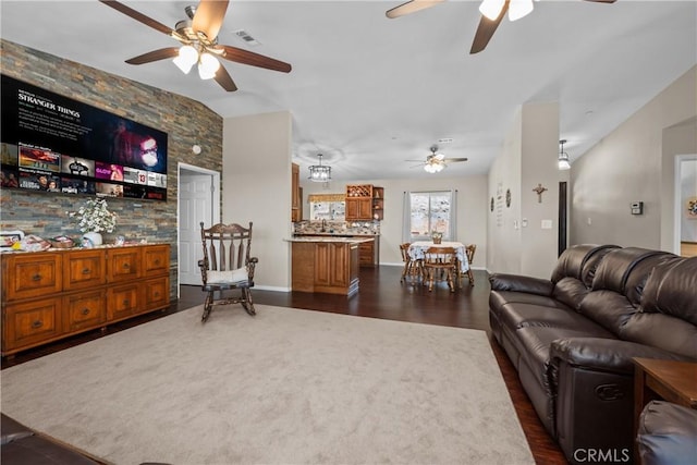 7525 Starlight Way, Julian, CA 92036 - living area featuring ceiling fan, dark wood-style flooring, and baseboards