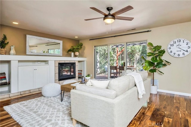 15632 Little Peak Rd, Hidden Valley Lake, CA 95467 - living room with ceiling fan, dark wood finished floors, a tile fireplace, baseboards, and recessed lighting