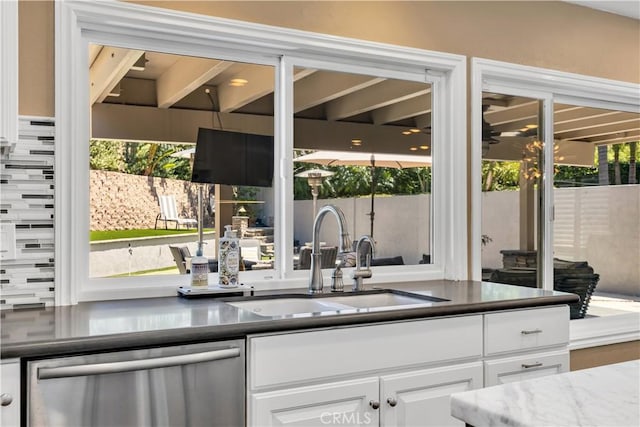 22602 Manalastas Dr, Lake Forest, CA 92630 - kitchen with stainless steel dishwasher, a sink, and white cabinets
