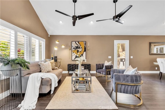 22602 Manalastas Dr, Lake Forest, CA 92630 - living room with dark wood-style flooring, ceiling fan, baseboards, recessed lighting, and high vaulted ceiling