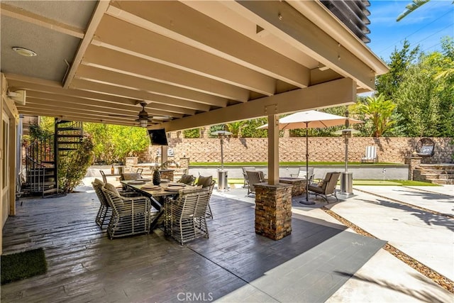 22602 Manalastas Dr, Lake Forest, CA 92630 - view of patio with stairs, outdoor dining space, fence, and a wooden deck