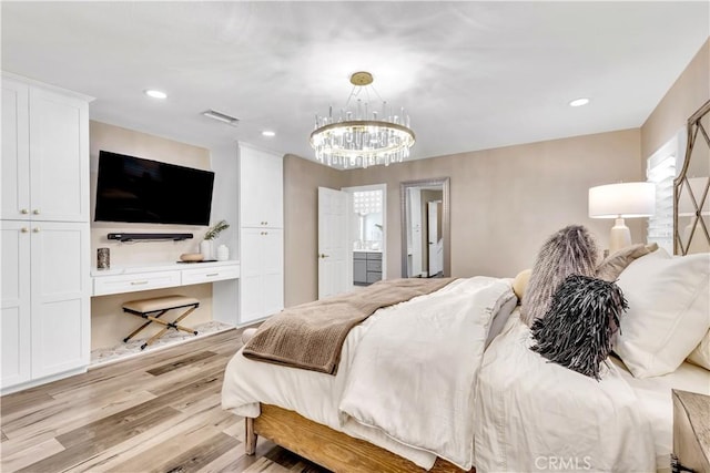 22602 Manalastas Dr, Lake Forest, CA 92630 - bedroom with light wood finished floors, a chandelier, recessed lighting, and connected bathroom