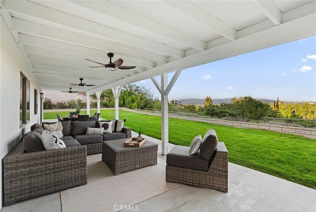 5932 Ellenview Ave, Woodland Hills, CA 91367 - view of patio with an outdoor hangout area, a ceiling fan, and a mountain view