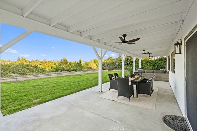 5932 Ellenview Ave, Woodland Hills, CA 91367 - view of patio featuring outdoor dining space, a ceiling fan, and outdoor lounge area