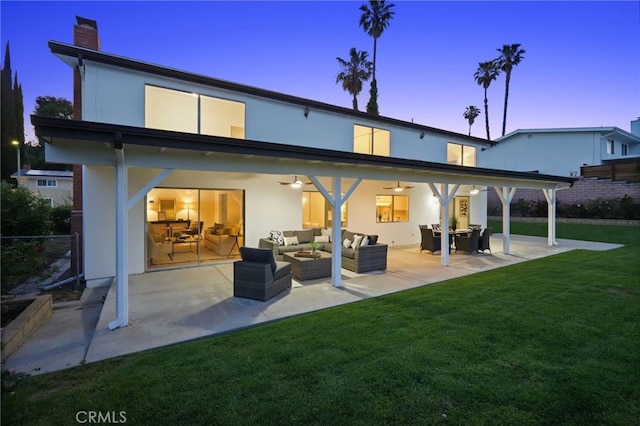 5932 Ellenview Ave, Woodland Hills, CA 91367 - rear view of property featuring ceiling fan, outdoor lounge area, a yard, stucco siding, and a patio area