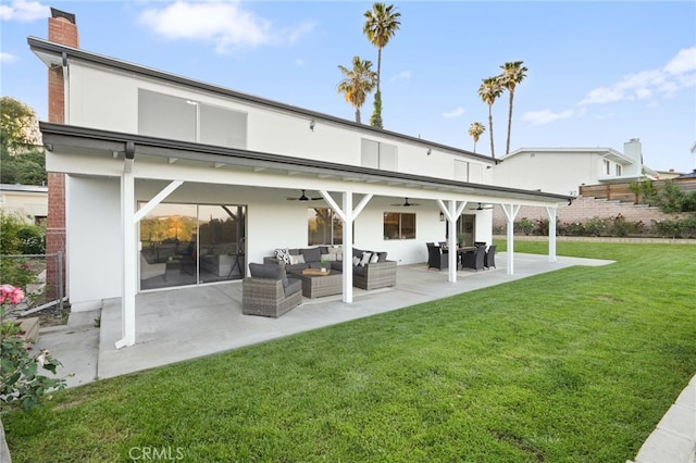 5932 Ellenview Ave, Woodland Hills, CA 91367 - rear view of house with ceiling fan, an outdoor living space, a chimney, a patio area, and stucco siding
