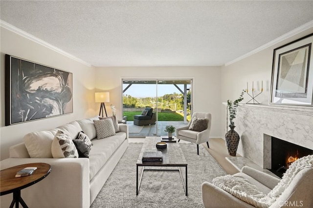 5932 Ellenview Ave, Woodland Hills, CA 91367 - living area with a textured ceiling, ornamental molding, and a high end fireplace