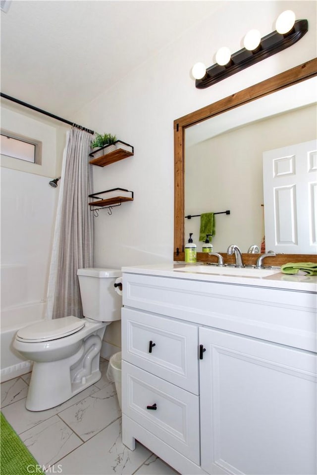 3872 Balsa Ave, Yucca Valley, CA 92284 - full bathroom featuring toilet, marble finish flooring, vanity, and shower / tub combo