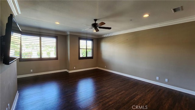 31820 Paseo Tarazona, San Juan Capistrano, CA 92675 - empty room with wood finished floors, a ceiling fan, crown molding, baseboards, and recessed lighting