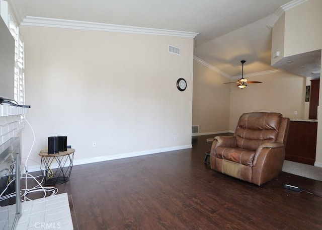 10260 Santa Rosa Ct, Rancho Cucamonga, CA 91730 - living room with wood finished floors, a fireplace, crown molding, a ceiling fan, and lofted ceiling