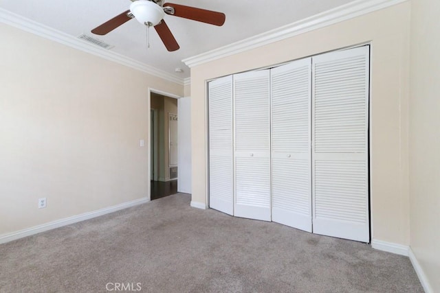 10260 Santa Rosa Ct, Rancho Cucamonga, CA 91730 - unfurnished bedroom featuring carpet, crown molding, a closet, and a ceiling fan