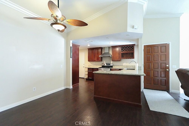 10260 Santa Rosa Ct, Rancho Cucamonga, CA 91730 - kitchen featuring wall chimney exhaust hood, stainless steel range, dark wood-style flooring, ornamental molding, and a ceiling fan